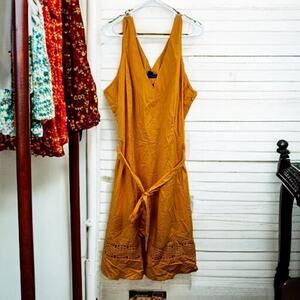 Ashley Stewart Womens 24 Cotton V Neck Golden Yellow Sleeveless Midi Dress new